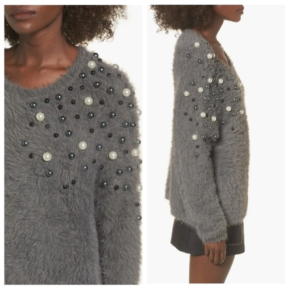 Leith Faux-Fur Embellished Beaded Gray Sweater M NWT - Picture 2 of 13